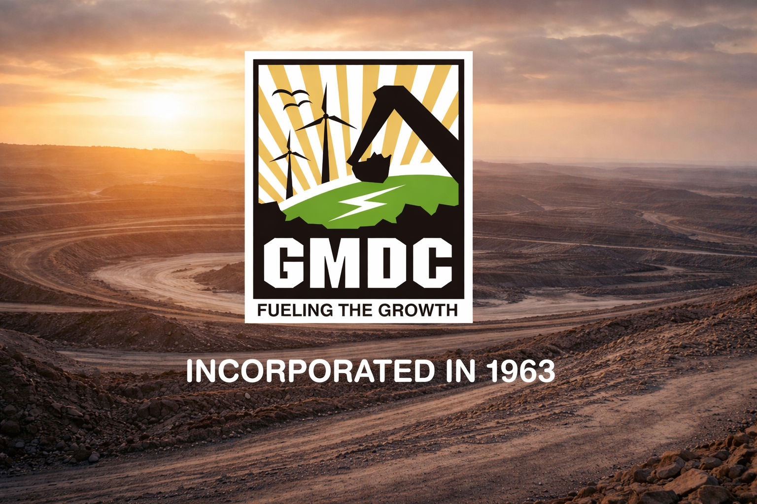 GMDC logo, Fueling the Growth, over a mining landscape at sunset